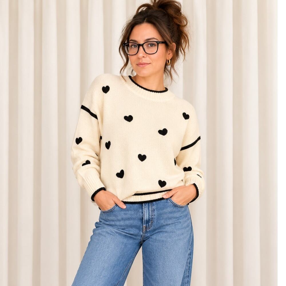 NWOT Cream Black Heart Print Ribbed Crewneck Sweater Womens XL